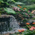 Serene Waterfall in Lush Tropical Garden with Vibrant Flowers and Rain