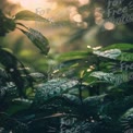 Serene Rainforest Leaves with Dew Drops and Soft Sunlight