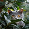 Curious Gray Cat Peeking Through Lush Green Leaves