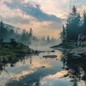 Serene Misty Morning in a Tranquil Forest Landscape