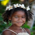 Joyful Young Girl with Floral Crown in Tropical Setting