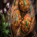 Delicious Stuffed Eggplant with Herbs and Breadcrumbs on Rustic Wooden Board