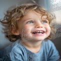 Joyful Child with Curly Hair and Bright Blue Eyes Smiling Indoors