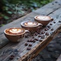 Artisan Coffee Cups with Heart Latte Art on Rustic Wooden Table