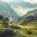 Serene Mountain Valley Landscape with Mist and Sunlight