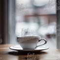 Cozy Coffee Moment: Minimalist White Cup on Wooden Table with Soft Background