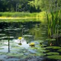 Serene Water Lily Pond with Reflections and Lush Greenery