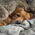 Cozy Golden Retriever Snuggled in Soft Blankets