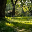 Serene Sunlit Forest: Tranquil Nature Scene with Lush Green Grass and Trees