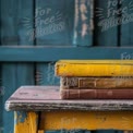 Vintage-Bücher auf einem bunten rustikalen Tisch mit blauem Hintergrund