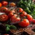 Fresh Organic Tomatoes with Basil and Herbs on Rustic Wooden Cutting Board