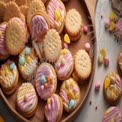 Colorful Decorative Cookies on Wooden Plate - Sweet Treats for Celebrations and Events