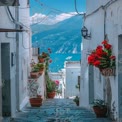 Charming Coastal Alleyway with Vibrant Flowers and Scenic Views