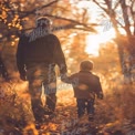 Father and Son Walking Hand in Hand Through Autumn Forest at Sunset