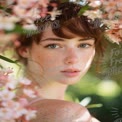 Enchanting Portrait of a Young Woman Surrounded by Blossoming Flowers