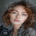 Natural Beauty Portrait of a Young Woman with Curly Hair and Camera