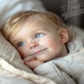 Adorable Baby with Blue Eyes Relaxing on Soft Bedding