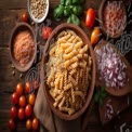 Fresh Ingredients for Italian Pasta Dish: Fusilli, Tomatoes, Basil, and Spices