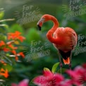 Vibrant Flamingo Among Tropical Flora: Exotic Wildlife and Nature Beauty