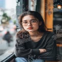 Contemplative Young Woman in Cozy Cafe Setting with Natural Light