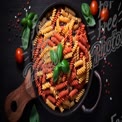 Colorful Fusilli Pasta with Fresh Basil and Cherry Tomatoes on Rustic Table