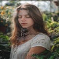 Serene Beauty in a Lush Greenhouse: Portrait of a Young Woman Surrounded by Nature