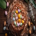 Festive Easter Cake with Colorful Chocolate Eggs and Spring Flowers