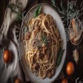 Delicious Spaghetti with Meat Sauce and Fresh Herbs on Rustic Table