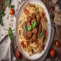 Leckere Spaghetti und Fleischbällchen mit frischem Basilikum und Kirschtomaten auf rustikalem Tisch