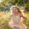 Joyful Child Running in Sunlit Meadow - Happiness, Freedom, and Nature