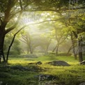 Serene Sunlit Forest: Tranquil Nature Scene with Lush Greenery and Soft Light