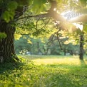 Ruhige sonnenbeschienene Waldszene mit üppigem Grün und warmem Licht