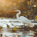 Elegant Great Egret in Serene Wetland at Sunset