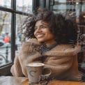 Cozy Coffee Moments: Smiling Woman Enjoying a Warm Beverage by the Window