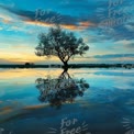 Serene Sunset Reflection: Tranquil Tree Silhouette Over Water