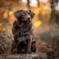 Majestätischer Schokoladen-Labrador in herbstlicher Waldumgebung