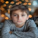 Thoughtful Boy with Holiday Lights Background - Portrait of a Child in Cozy Atmosphere