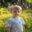 Charming Young Boy in Sunlit Meadow: Childhood Innocence and Nature