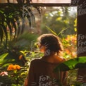 Serene Woman in Lush Tropical Garden with Sunlight and Flowers