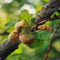 Close-Up of Ripening Nuts on Tree Branch with Green Leaves