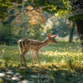 Serene Forest Scene with Young Deer in Sunlit Meadow