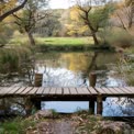 Tranquil Nature Scene with Wooden Dock by Serene Pond Surrounded by Autumn Foliage