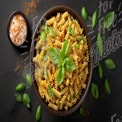 Delicious Fusilli Pasta with Fresh Basil and Sea Salt on Dark Background