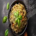 Delicious Pesto Pasta with Fresh Basil Leaves on Dark Background