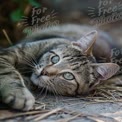 Close-Up of a Relaxed Tabby Cat with Striking Green Eyes in Natural Setting