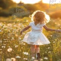 Joyful Child Running Through Sunlit Flower Field at Sunset