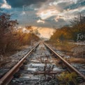 Serene Sunset Over Abandoned Railway Tracks in Autumn Landscape