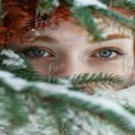 Winter Portrait: Close-Up of a Young Woman with Freckles and Blue Eyes Surrounded by Evergreen Branc