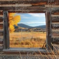 Autumn Landscape Through Rustic Window Frame: Scenic Mountain View with Golden Foliage