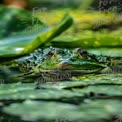 Close-Up of a Green Frog on Lily Pads in a Serene Pond Environment